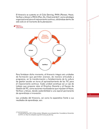9
TemáTICasparaDirectivosDocentes
El Itinerario se sustenta en el Ciclo Deming, PHVA (Planear, Hacer,
Verificar y Actuar) o PDCA (Plan, Do, Check and Act)3
, como estrategia
organizacional para el mejoramiento continuo, ubicándose dentro de
este ciclo en el momento de la planeación:
Figura 1.
Ciclo PHVA
Para fortalecer dicho momento, el Itinerario integra seis unidades
de formación que permiten avanzar, de manera articulada y
progresiva, en la transformación y fortalecimiento de la cultura
de gestión escolar en torno al aprovechamiento de las TIC para
el mejoramiento continuo. Cada unidad constituye así un eje de
trabajo que propone retos al Directivo Docente y al Equipo de
Gestión de TIC, como acciones movilizadoras que impulsen el Hacer,
Verificar y Actuar, dando sostenibilidad a una espiral permanente
de aprendizaje e innovación.
Las unidades del Itinerario, así como la expectativa frente a sus
resultados de aprendizaje, son:
3
	 Círculo de Deming. (2013, 28 de octubre). Wikipedia, La enciclopedia libre. Consultado en Noviembre
de 2013, en http://es.wikipedia.org/wiki/Círculo_de_Deming
 