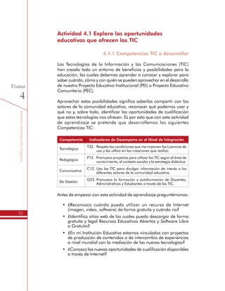TemáTICasparaDirectivosDocentes
92
Unidad
4
Actividad 4.1 Exploro las oportunidades
educativas que ofrecen las TIC
4.1.1 Competencias TIC a desarrollar
Las Tecnologías de la Información y las Comunicaciones (TIC)
han creado todo un entorno de beneficios y posibilidades para la
educación, las cuales debemos aprender a conocer y explorar para
saber cuándo, cómo y con quién se pueden aprovechar en el desarrollo
de nuestro Proyecto Educativo Institucional (PEI) o Proyecto Educativo
Comunitario (PEC).
Aprovechar estas posibilidades significa saberlas compartir con los
actores de la comunidad educativa, reconocer qué podemos usar y
qué no y, sobre todo, identificar las oportunidades de cualificación
que estas tecnologías nos ofrecen. Es por esto que con esta actividad
de aprendizaje se pretende que desarrollemos las siguientes
Competencias TIC:
Competencia Indicadores de Desempeño en el Nivel de Integración
Tecnológica
T32.	 Respeto las condiciones que me imponen las Licencias de
uso y las utilizo en las creaciones que realizo.
Pedagógica
P12.	 Promuevo proyectos para utilizar las TIC según el área de
conocimiento, el contexto escolar y la estrategia didáctica.
Comunicativa
C12.	Uso las TIC para divulgar información de interés a los
diferentes actores de la comunidad educativa.
De Gestión
G22.	Promuevo la formación y autoformación de Docentes,
Administrativos y Estudiantes a través de las TIC.
Antes de empezar con esta actividad de aprendizaje preguntémonos:
•	 ¿Reconozco cuándo puedo utilizar un recurso de Internet
(imagen, video, software) de forma gratuita y cuándo no?
•	 ¿Identifico sitios web de los cuales puedo descargar de forma
gratuita y legal Recursos Educativos Abiertos y Software Libre
o Gratuito?
•	 ¿En mi Institución Educativa estamos vinculados con proyectos
de producción de contenidos o de intercambio de experiencias
a nivel mundial con la mediación de las nuevas tecnologías?
•	 ¿Conozco las nuevas oportunidades de cualificación disponibles
a través de Internet?
 
