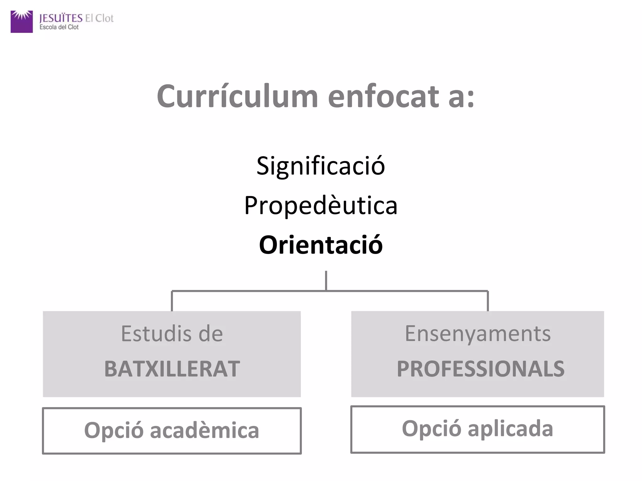 Currículum enfocat a:
Significació
Propedèutica
Orientació
Estudis de
BATXILLERAT
Ensenyaments
PROFESSIONALS
Opció acadèmica Opció aplicada
 