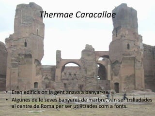 Thermae Caracallae




• Eren edificis on la gent anava a banyar-se.
• Algunes de le seves banyeres de marbre, van ser trslladades
  al centre de Roma per ser utilitzades com a fonts.
 