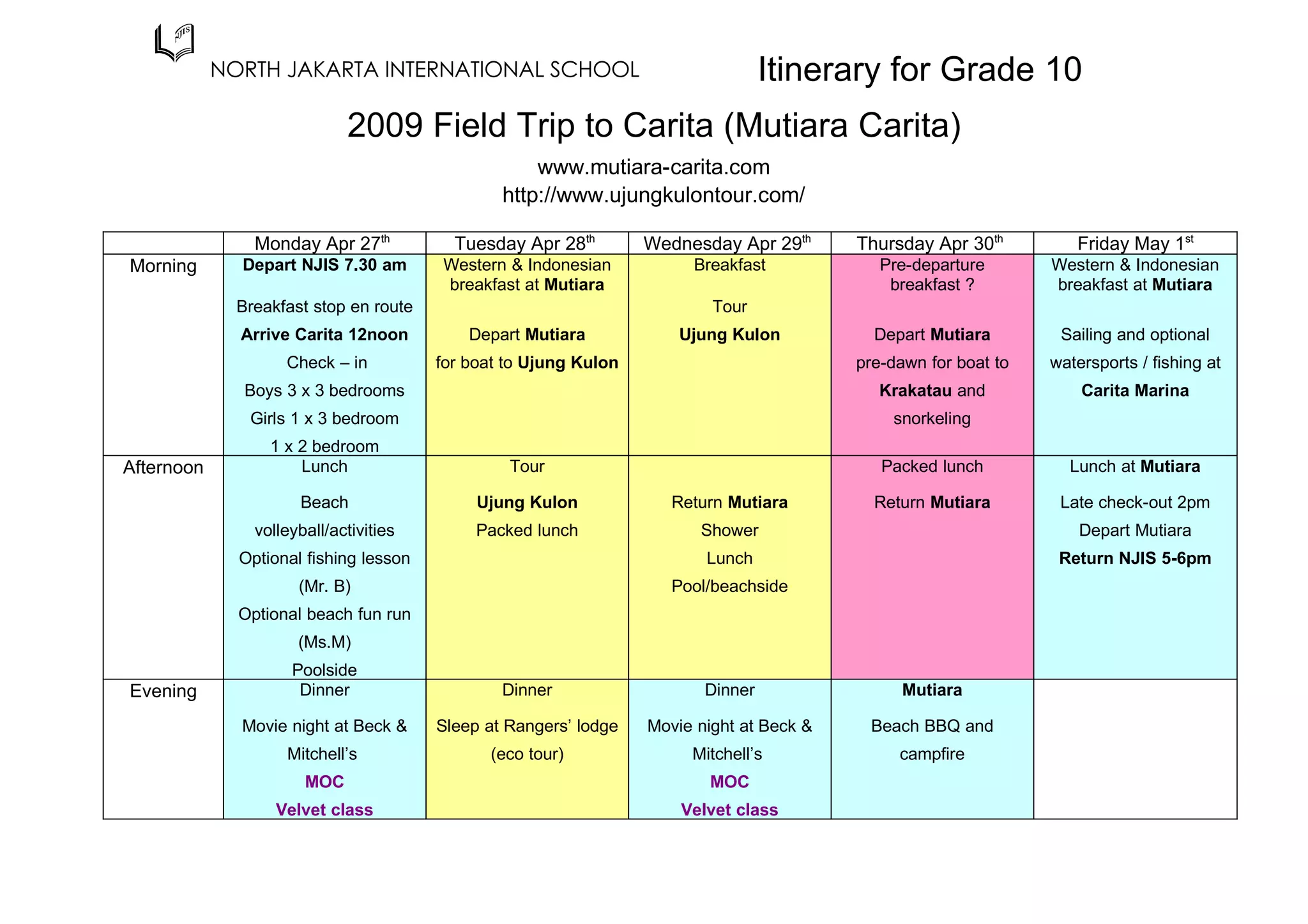 Class Trip Itinerary
