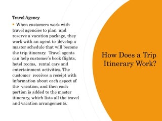 Travel Agency
 When customers work with
travel agencies to plan and
reserve a vacation package, they
work with an agent to develop a
master schedule that will become
the trip itinerary. Travel agents
can help customer’s book flights,
hotel rooms, rental cars and
entertainment activities. The
customer receives a receipt with
information about each aspect of
the vacation, and then each
portion is added to the master
itinerary, which lists all the travel
and vacation arrangements.
How Does a Trip
Itinerary Work?
 