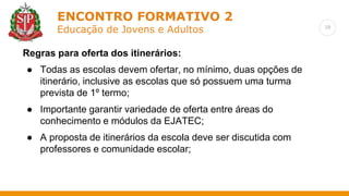 19
ENCONTRO FORMATIVO 2
Educação de Jovens e Adultos
Regras para oferta dos itinerários:
● Todas as escolas devem ofertar, no mínimo, duas opções de
itinerário, inclusive as escolas que só possuem uma turma
prevista de 1º termo;
● Importante garantir variedade de oferta entre áreas do
conhecimento e módulos da EJATEC;
● A proposta de itinerários da escola deve ser discutida com
professores e comunidade escolar;
 