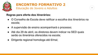 Regras para oferta dos itinerários:
● O Conselho de Escola deve ratificar a escolha dos itinerários na
escola;
● A supervisão de ensino acompanhará o processo;
● Até dia 29 de abril, os diretores devem indicar na SED quais
serão os itinerários oferecidos na escola;
● Dirigente regional homologa até 6/mai;
20
ENCONTRO FORMATIVO 2
Educação de Jovens e Adultos
 
