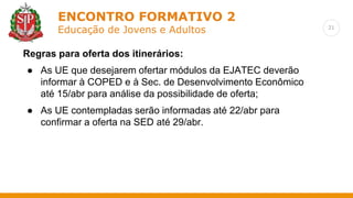 Regras para oferta dos itinerários:
● As UE que desejarem ofertar módulos da EJATEC deverão
informar à COPED e à Sec. de Desenvolvimento Econômico
até 15/abr para análise da possibilidade de oferta;
● As UE contempladas serão informadas até 22/abr para
confirmar a oferta na SED até 29/abr.
21
ENCONTRO FORMATIVO 2
Educação de Jovens e Adultos
 