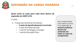 Quais serão as aulas para cada série dentro da
expansão em 2022? (2/3)
2ª série:
● 9 aulas dos Itinerários Formativos:
○ 5 aulas do Aprofundamento Curricular
○ 2 aulas de Projeto de Vida
○ 1 aula de Tecnologia e Inovação
○ 1 aula de Educação Física
Nos componentes
com aulas no turno
e na expansão, o
mesmo professor
deverá ser
atribuído em
todas as aulas do
componente
EXPANSÃO DA CARGA HORÁRIA 36
 