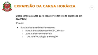 Quais serão as aulas para cada série dentro da expansão em
2022? (3/3)
3ª série:
● 8 aulas dos Itinerários Formativos:
○ 5 aulas do Aprofundamento Curricular
○ 2 aulas de Projeto de Vida
○ 1 aula de Tecnologia e Inovação
EXPANSÃO DA CARGA HORÁRIA 37
 