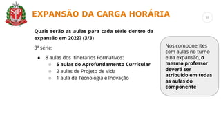 Quais serão as aulas para cada série dentro da
expansão em 2022? (3/3)
3ª série:
● 8 aulas dos Itinerários Formativos:
○ 5 aulas do Aprofundamento Curricular
○ 2 aulas de Projeto de Vida
○ 1 aula de Tecnologia e Inovação
Nos componentes
com aulas no turno
e na expansão, o
mesmo professor
deverá ser
atribuído em todas
as aulas do
componente
EXPANSÃO DA CARGA HORÁRIA 38
 