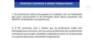 1. Os professores estão preocupados em trabalhar com as habilidades
dos eixos estruturantes e da Formação Geral Básica presentes nos
MAPPAs. (Habilidades e competências)
2. O PC comentou com o diretor que os professores estão com
dificuldade para conversar com os outros professores dos componentes
curriculares para propor atividades integradoras entre os componentes
e os aprofundamentos. (Atividades Integradoras)
POSSÍVEIS CENÁRIOS A SEREM TRABALHADOS
80
 