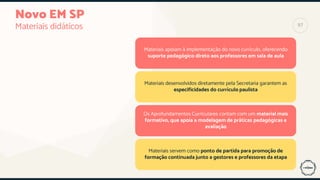 Novo EM SP
Materiais didáticos
Materiais apoiam à implementação do novo currículo, oferecendo
suporte pedagógico direto aos professores em sala de aula
Materiais desenvolvidos diretamente pela Secretaria garantem as
especificidades do currículo paulista
Os Aprofundamentos Curriculares contam com um material mais
formativo, que apoia a modelagem de práticas pedagógicas e
avaliação
Materiais servem como ponto de partida para promoção de
formação continuada junto a gestores e professores da etapa
97
 
