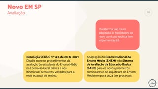 Novo EM SP
Avaliação
Plataforma São Paulo
adaptada às habilidades do
novo currículo paulista (em
implementação).
Resolução SEDUC nº 143, de 20-12-2021:
Dispõe sobre os procedimentos da
avaliação do estudante do Ensino Médio
na Formação Geral Básica e nos
Itinerários Formativos, voltados para a
rede estadual de ensino.
Adaptação do Exame Nacional do
Ensino Médio (ENEM) e do Sistema
de Avaliação da Educação Básica
(SAEB) para os novos parâmetros
curriculares e de arquitetura do Ensino
Médio em para 2024 (em processo).
98
 