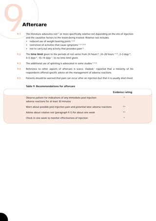 9
9.1
      Aftercare
       The literature advocates rest 27 or more specifically relative rest depending on the site of injection
       and the causative factors to the lesion being treated. Relative rest includes:
       •
       •
       •
           reduced use of weight bearing joints 1,15,25
           restriction of activities that cause symptoms 7,13,17,24,28
           not to carry out any activity that provokes pain 10.

9.2    The time limit given to the periods of rest varies from 24 hours 26, 24–28 hours 1,15,27, 2–3 days 26,
       4–5 days 25, 10–14 days 17, to no time limit given.

9.3    The additional use of splinting is advocated in some studies 12,24,26.

9.4    Reference to other aspects of aftercare is scarce. Haslock 1 reported that a minority of his
       respondents offered specific advice on the management of adverse reactions.

9.5    Patients should be warned that pain can occur after an injection but that it is usually short-lived.


       Table 9: Recommendations for aftercare

                                                                                           Evidence rating

       Observe patient for indications of any immediate post-injection                               *
       adverse reactions for at least 30 minutes

       Warn about possible post-injection pain and potential later adverse reactions                **

       Advise about relative rest (paragraph 9.1) for about one week                                **

       Check in one week to monitor effectiveness of injection                                       *
 