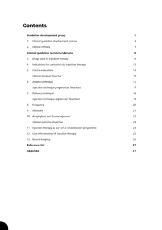 Contents
 Guideline development group                                   1

 1.   Clinical guideline development process                    3

 2.   Clinical efficacy                                         7

 Clinical guideline recommendations                            8

 3.   Drugs used in injection therapy                           8

 4.   Indications for corticosteroid injection therapy         12

 5.   Contra-indications                                       14

      Clinical decision flowchart                              15

 6.   Aseptic technique                                        16

      Injection technique preparation flowchart                17

 7.   Delivery technique                                       18

      Injection technique application flowchart                19

 8.   Frequency                                                20

 9.   Aftercare                                                21

 10. Anaphylaxis and its management                            22

      Clinical outcome flowchart                               23

 11. Injection therapy as part of a rehabilitation programme   24

 12. Cost effectiveness of injection therapy                   25

 13. Record keeping                                            26

 Reference list                                                27

 Appendix                                                      31
 