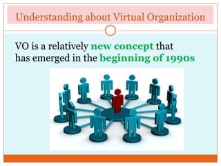 Understanding about Virtual Organization
VO is a relatively new concept that
has emerged in the beginning of 1990s
 