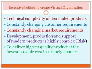 Incentive behind to create Virtual Organization
 Technical complexity of demanded products
 Constantly changing customer requirements
 Constantly changing market requirements
 Development, production and support
of modern products is highly complex (Risk)
 To deliver highest quality product at the
lowest possible cost in a timely manner
 