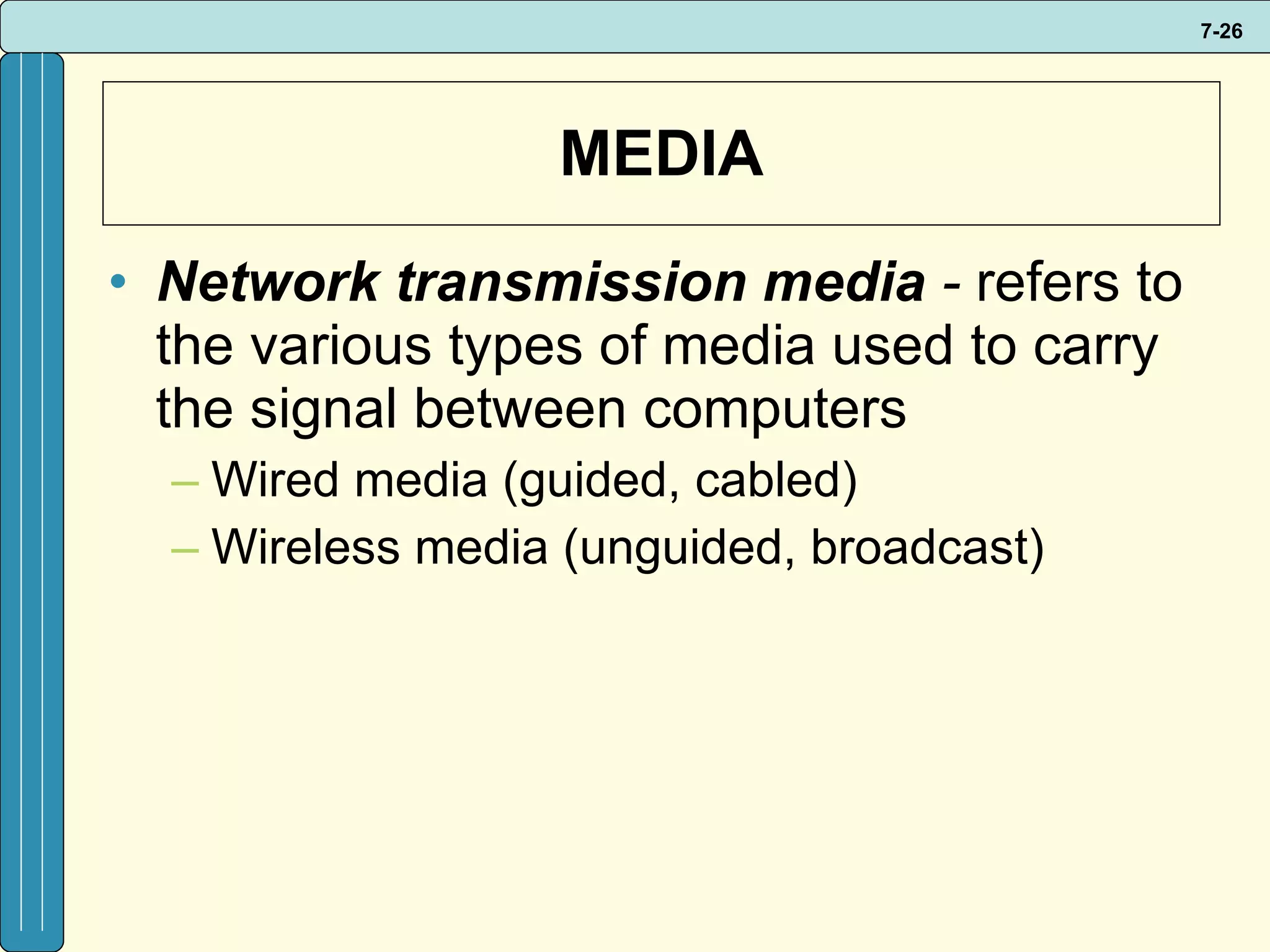 MEDIA Network transmission media  -   refers to the various types of media used to carry the signal between computers Wired media (guided, cabled) Wireless media (unguided, broadcast) 