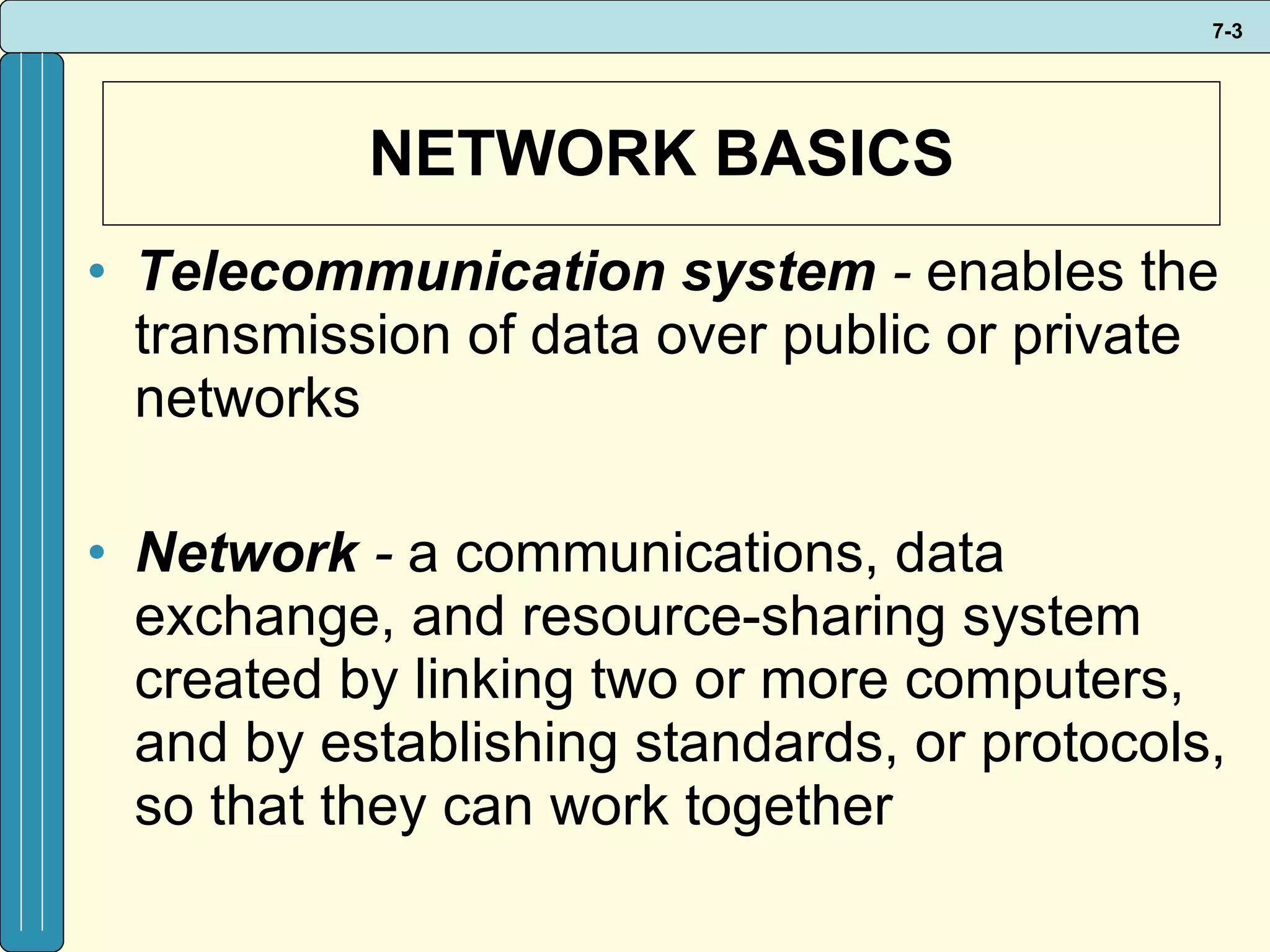 NETWORK BASICS Telecommunication system  -   enables the transmission of data over public or private networks Network  -   a communications, data exchange, and resource-sharing system created by linking two or more computers, and by establishing standards, or protocols, so that they can work together 