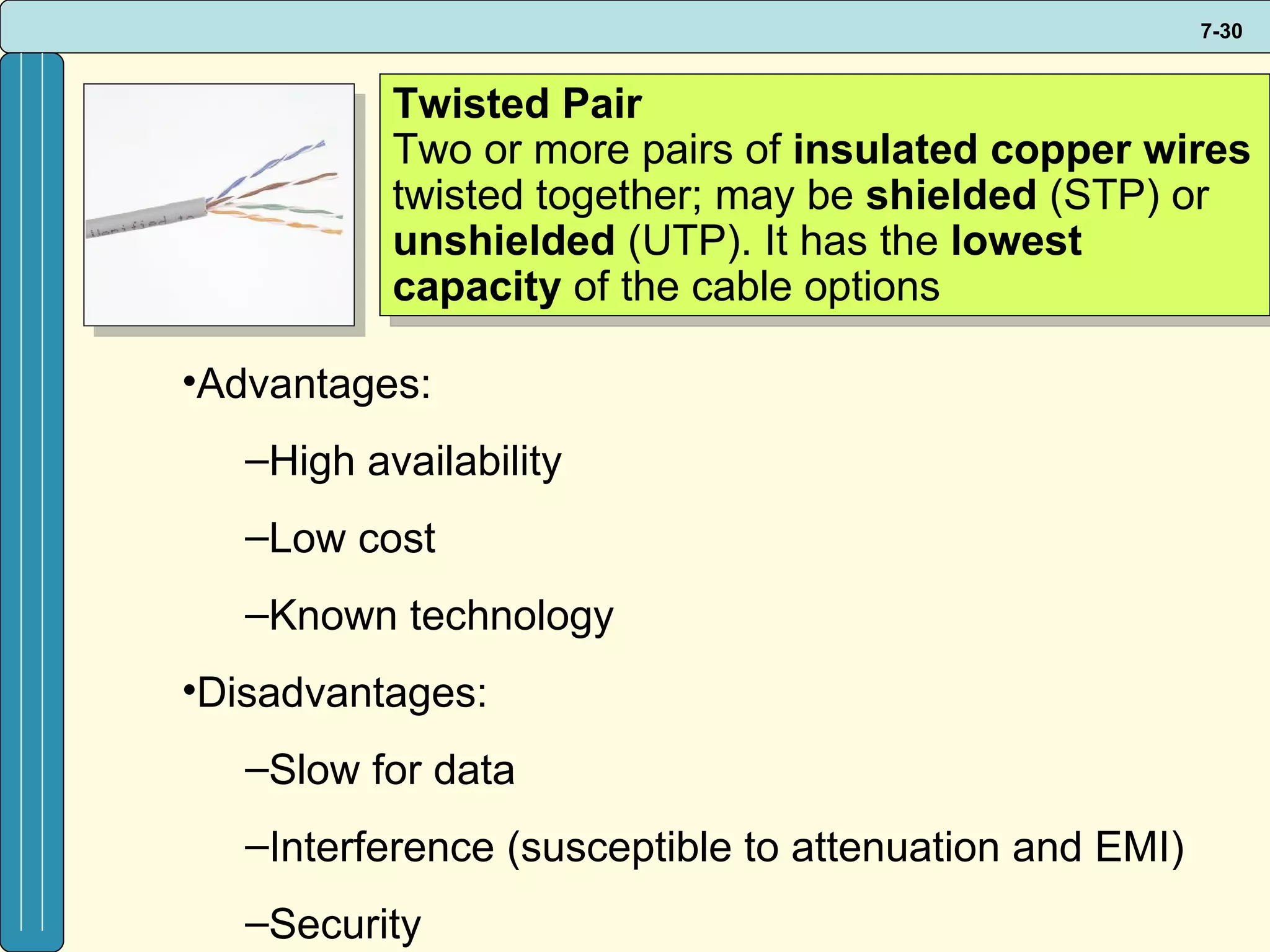 Twisted Pair Two or more pairs of  insulated copper wires  twisted together; may be  shielded  (STP) or  unshielded  (UTP). It has the  lowest capacity  of the cable options Advantages: High availability Low cost  Known technology Disadvantages: Slow for data Interference (susceptible to attenuation and EMI) Security 