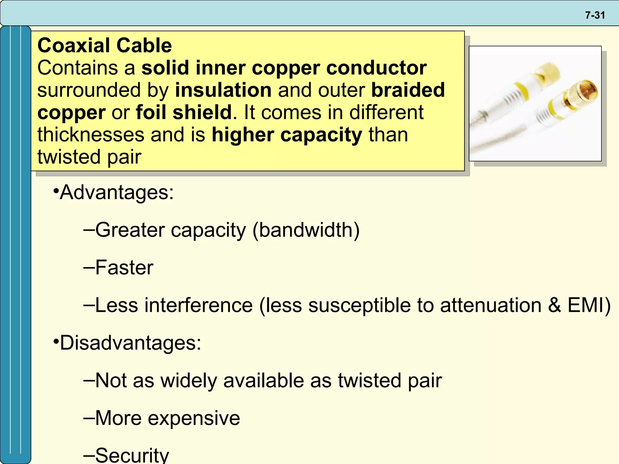 Coaxial Cable Contains a  solid inner copper conductor  surrounded by  insulation  and outer  braided copper  or  foil shield . It comes in different thicknesses and is  higher capacity  than twisted pair Advantages: Greater capacity (bandwidth) Faster Less interference (less susceptible to attenuation & EMI) Disadvantages: Not as widely available as twisted pair More expensive Security 