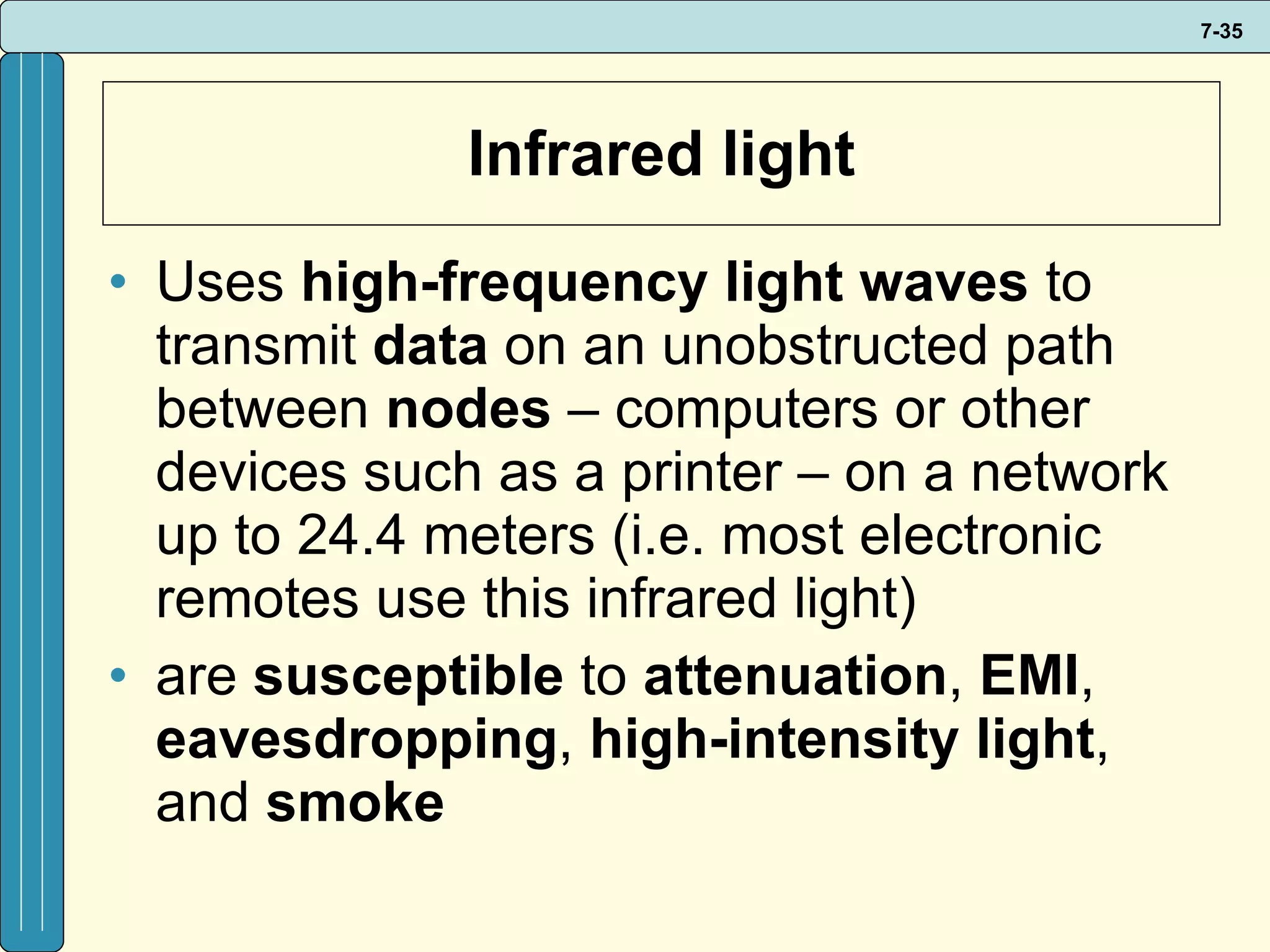 Infrared light Uses  high-frequency light waves  to transmit  data  on an unobstructed path between  nodes  – computers or other devices such as a printer – on a network up to 24.4 meters (i.e. most electronic remotes use this infrared light) are  susceptible  to  attenuation ,  EMI ,  eavesdropping ,  high-intensity light , and  smoke 