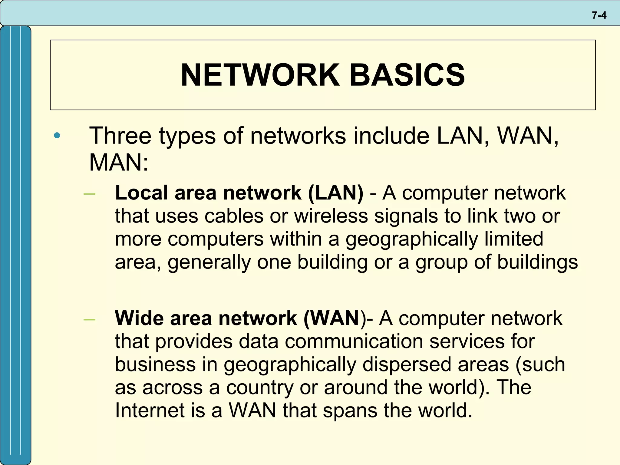 NETWORK BASICS Three types of networks include LAN, WAN, MAN: Local area network (LAN)  - A computer network that uses cables or wireless signals to link two or more computers within a geographically limited area, generally one building or a group of buildings Wide area network (WAN )- A computer network that provides data communication services for business in geographically dispersed areas (such as across a country or around the world). The Internet is a WAN that spans the world. 