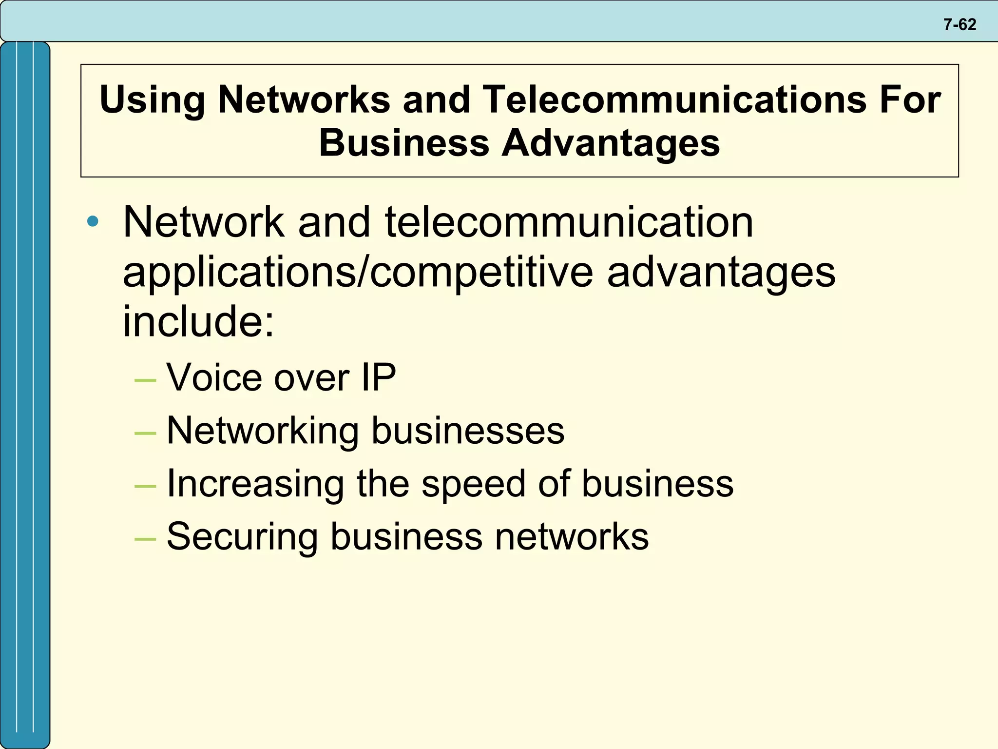 Using Networks and Telecommunications For Business Advantages Network and telecommunication applications/competitive advantages include: Voice over IP Networking businesses Increasing the speed of business Securing business networks 