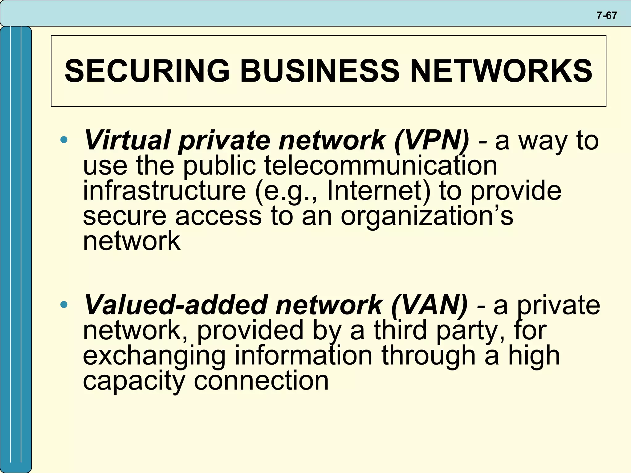 SECURING BUSINESS NETWORKS Virtual private network (VPN)  -  a way to use the public telecommunication infrastructure (e.g., Internet) to provide secure access to an organization’s network  Valued-added network (VAN)  -   a private network, provided by a third party, for exchanging information through a high capacity connection 
