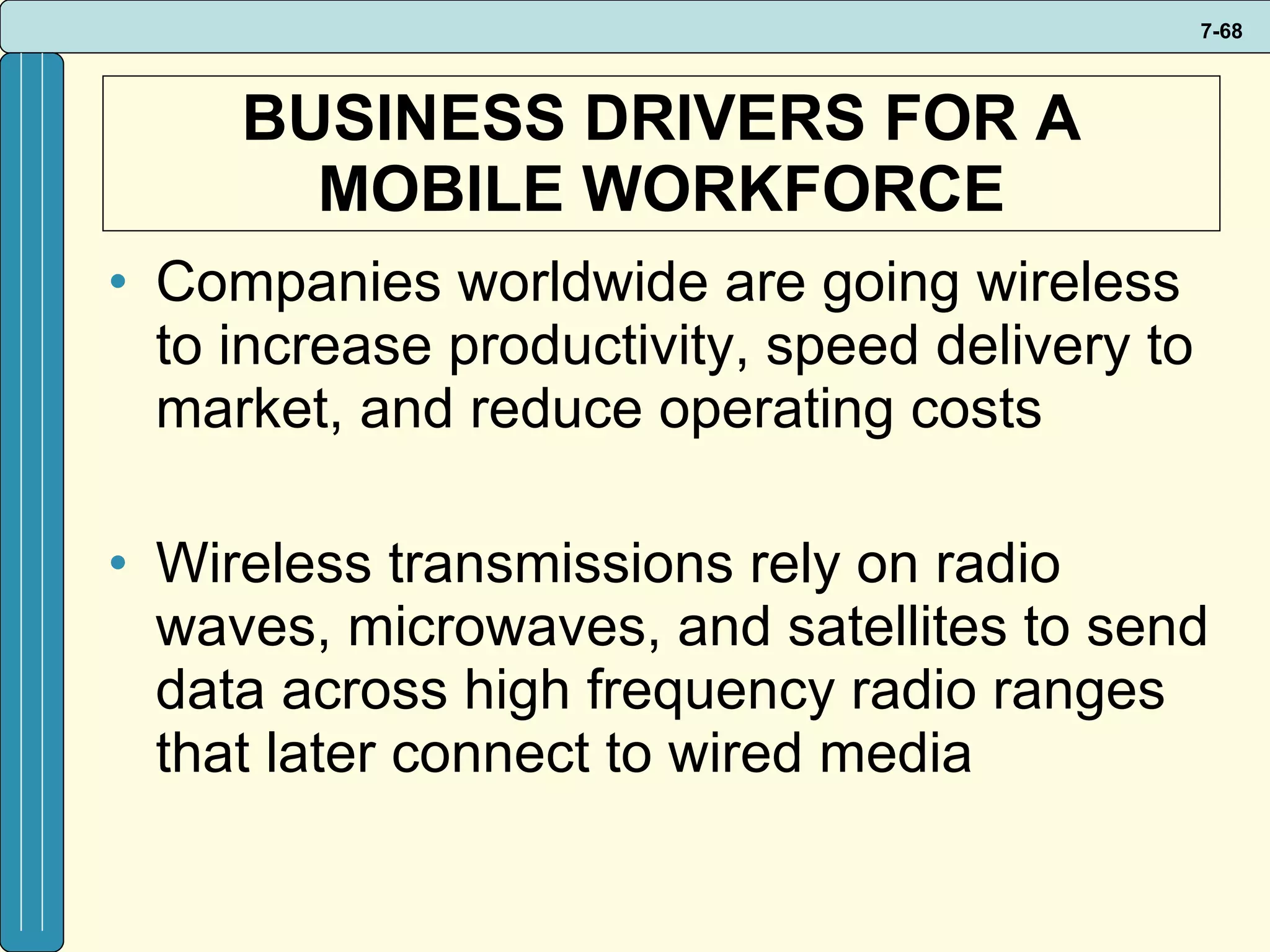 BUSINESS DRIVERS FOR A MOBILE WORKFORCE Companies worldwide are going wireless to increase productivity, speed delivery to market, and reduce operating costs Wireless transmissions rely on radio waves, microwaves, and satellites to send data across high frequency radio ranges that later connect to wired media 