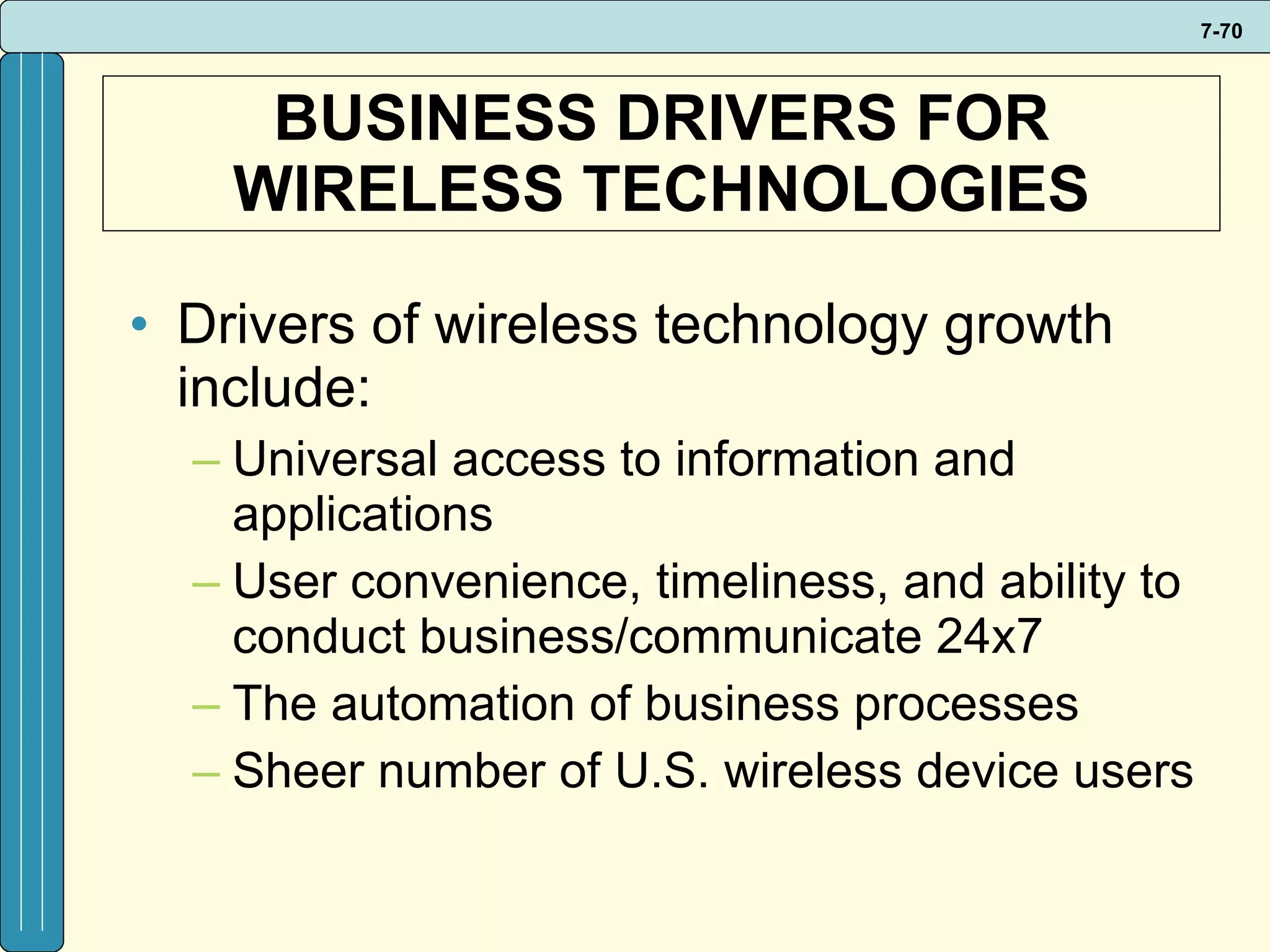 BUSINESS DRIVERS FOR WIRELESS TECHNOLOGIES Drivers of wireless technology growth include: Universal access to information and applications  User convenience, timeliness, and ability to conduct business/communicate 24x7 The automation of business processes Sheer number of U.S. wireless device users 