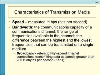 Characteristics of Transmission Media Speed  – measured in bps (bits per second) Bandwidth : the communications capacity of a communications channel; the range of frequencies available in the channel; the difference between the highest and the lowest frequencies that can be transmitted on a single medium Broadband  - refers to high-speed Internet connections transmitting data at speeds greater than 200 kilobytes per second (Kbps) 