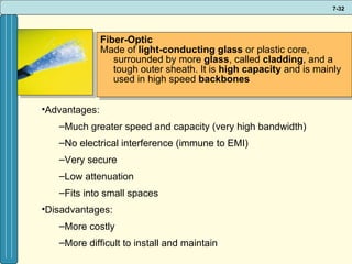 Fiber-Optic Made of  light-conducting glass  or plastic core, surrounded by more  glass , called  cladding , and a tough outer sheath. It is  high capacity  and is mainly used in high speed  backbones Advantages: Much greater speed and capacity (very high bandwidth) No electrical interference (immune to EMI) Very secure  Low attenuation Fits into small spaces Disadvantages: More costly More difficult to install and maintain 