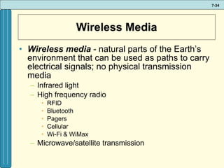 Wireless Media Wireless media  - natural parts of the Earth’s environment that can be used as paths to carry electrical signals; no physical transmission media Infrared light High frequency radio RFID Bluetooth Pagers Cellular  Wi-Fi & WiMax Microwave/satellite transmission 