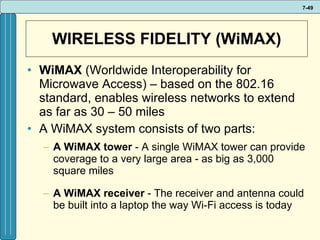 WIRELESS FIDELITY (WiMAX) WiMAX  (Worldwide Interoperability for Microwave Access) – based on the 802.16 standard, enables wireless networks to extend as far as 30 – 50 miles A WiMAX system consists of two parts: A WiMAX tower  - A single WiMAX tower can provide coverage to a very large area - as big as 3,000 square miles A WiMAX receiver  - The receiver and antenna could be built into a laptop the way Wi-Fi access is today 