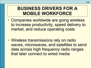 BUSINESS DRIVERS FOR A MOBILE WORKFORCE Companies worldwide are going wireless to increase productivity, speed delivery to market, and reduce operating costs Wireless transmissions rely on radio waves, microwaves, and satellites to send data across high frequency radio ranges that later connect to wired media 