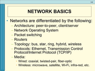 NETWORK BASICS Networks are differentiated by the following: Architecture: peer-to-peer, client/server Network Operating System Packet switching Routers Topology: bus, star, ring, hybrid, wireless Protocols: Ethernet, Transmission Control Protocol/Internet Protocol (TCP/IP) Media:  Wired: coaxial, twisted-pair, fiber-optic Wireless: microwave, satellite, Wi-Fi, infra-red, etc.  