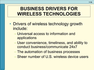 BUSINESS DRIVERS FOR WIRELESS TECHNOLOGIES Drivers of wireless technology growth include: Universal access to information and applications  User convenience, timeliness, and ability to conduct business/communicate 24x7 The automation of business processes Sheer number of U.S. wireless device users 