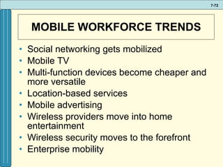 MOBILE WORKFORCE TRENDS Social networking gets mobilized Mobile TV Multi-function devices become cheaper and more versatile Location-based services Mobile advertising Wireless providers move into home entertainment Wireless security moves to the forefront Enterprise mobility  