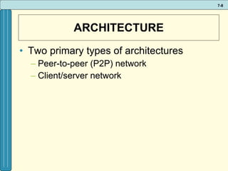 ARCHITECTURE Two primary types of architectures Peer-to-peer (P2P) network  Client/server network 