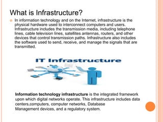 What is Infrastructure? 
 In information technology and on the Internet, infrastructure is the 
physical hardware used to interconnect computers and users. 
Infrastructure includes the transmission media, including telephone 
lines, cable television lines, satellites antennas, routers, and other 
devices that control transmission paths. Infrastructure also includes 
the software used to send, receive, and manage the signals that are 
transmitted. 
Information technology infrastructure is the integrated framework 
upon which digital networks operate. This infrastructure includes data 
centers,computers, computer networks, Database 
Management devices, and a regulatory system. 
 