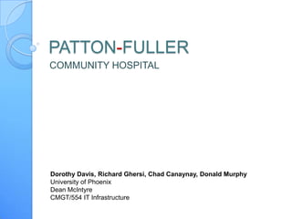 PATTON-FULLER
COMMUNITY HOSPITAL
Dorothy Davis, Richard Ghersi, Chad Canaynay, Donald Murphy
University of Phoenix
Dean McIntyre
CMGT/554 IT Infrastructure
 
