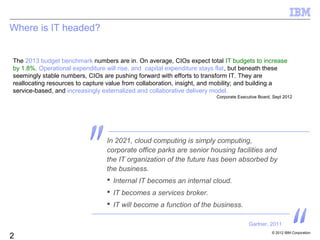 Where is IT headed?


The 2013 budget benchmark numbers are in. On average, CIOs expect total IT budgets to increase
by 1.8%. Operational expenditure will rise, and capital expenditure stays flat, but beneath these
seemingly stable numbers, CIOs are pushing forward with efforts to transform IT. They are
reallocating resources to capture value from collaboration, insight, and mobility; and building a
service-based, and increasingly externalized and collaborative delivery model.
                                                                       Corporate Executive Board, Sept 2012




                                 In 2021, cloud computing is simply computing,
                                 corporate office parks are senior housing facilities and
                                 the IT organization of the future has been absorbed by
                                 the business.
                                  Internal IT becomes an internal cloud.
                                  IT becomes a services broker.
                                  IT will become a function of the business.

                                                                                      Gartner, 2011
                                                                                                 © 2012 IBM Corporation
2
 
