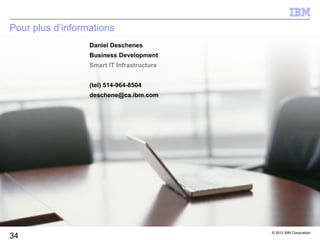 Pour plus d’informations
                  Daniel Deschenes
                  Business Development
                  Smart IT Infrastructure


                  (tel) 514-964-8504
                  deschene@ca.ibm.com




                                            © 2012 IBM Corporation
34
 