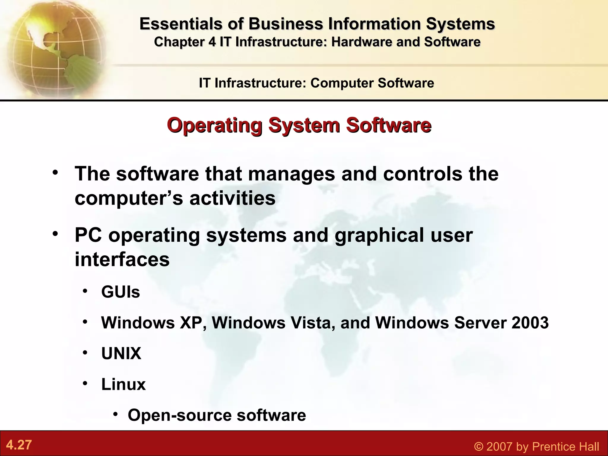 The software that manages and controls the computer’s activities PC operating systems and graphical user interfaces GUIs Windows XP, Windows Vista, and Windows Server 2003 UNIX Linux Open-source software Operating System Software IT Infrastructure: Computer Software Essentials of Business Information Systems Chapter 4 IT Infrastructure: Hardware and Software 