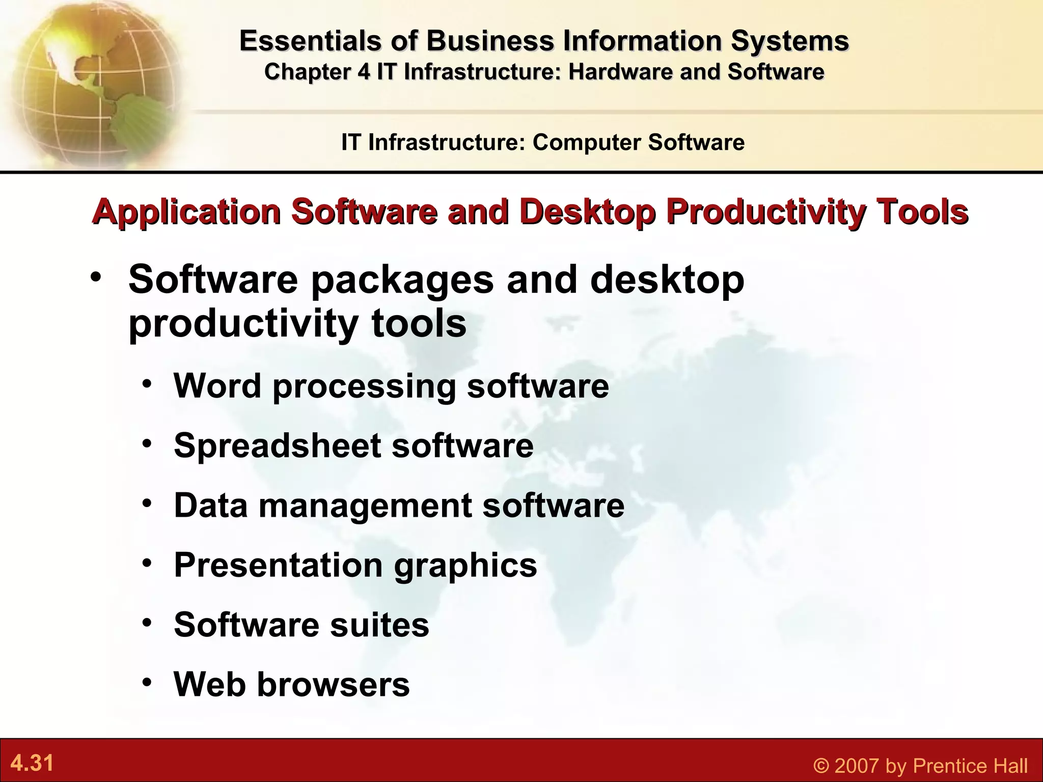 Application Software and Desktop Productivity Tools Software packages and desktop productivity tools Word processing software Spreadsheet software Data management software Presentation graphics Software suites Web browsers IT Infrastructure: Computer Software Essentials of Business Information Systems Chapter 4 IT Infrastructure: Hardware and Software 
