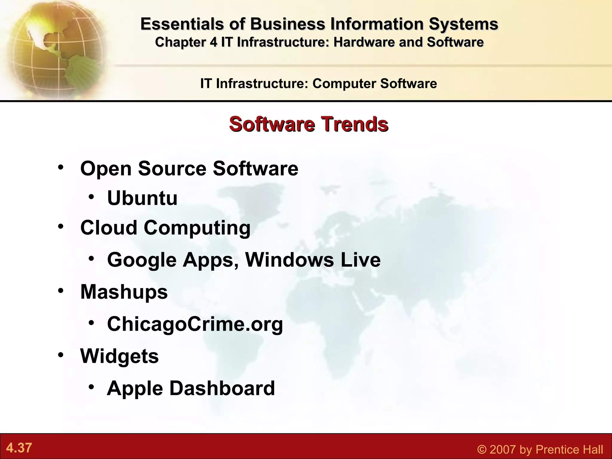 Open Source Software Ubuntu Cloud Computing Google Apps, Windows Live Mashups ChicagoCrime.org Widgets Apple Dashboard Software Trends IT Infrastructure: Computer Software Essentials of Business Information Systems Chapter 4 IT Infrastructure: Hardware and Software 