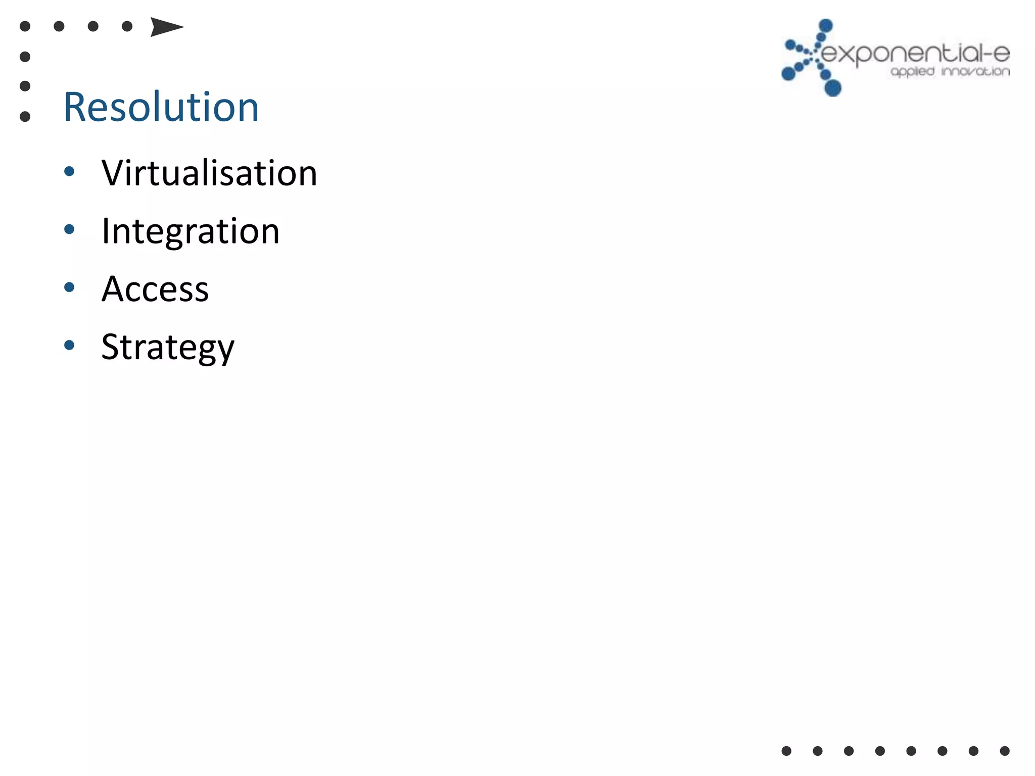 Resolution
•   Virtualisation
•   Integration
•   Access
•   Strategy
 