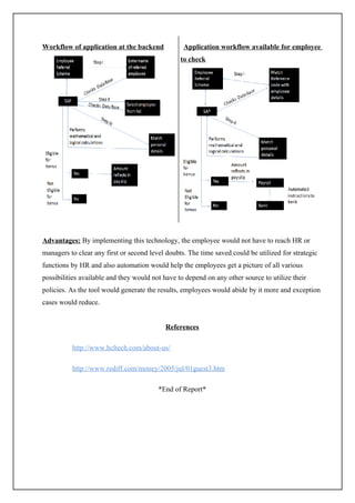 Workflow of application at the backend            Application workflow available for employee
                                                 to check




Advantages: By implementing this technology, the employee would not have to reach HR or
managers to clear any first or second level doubts. The time saved could be utilized for strategic
functions by HR and also automation would help the employees get a picture of all various
possibilities available and they would not have to depend on any other source to utilize their
policies. As the tool would generate the results, employees would abide by it more and exception
cases would reduce.


                                           References

          http://www.hcltech.com/about-us/

          http://www.rediff.com/money/2005/jul/01guest3.htm

                                         *End of Report*
 