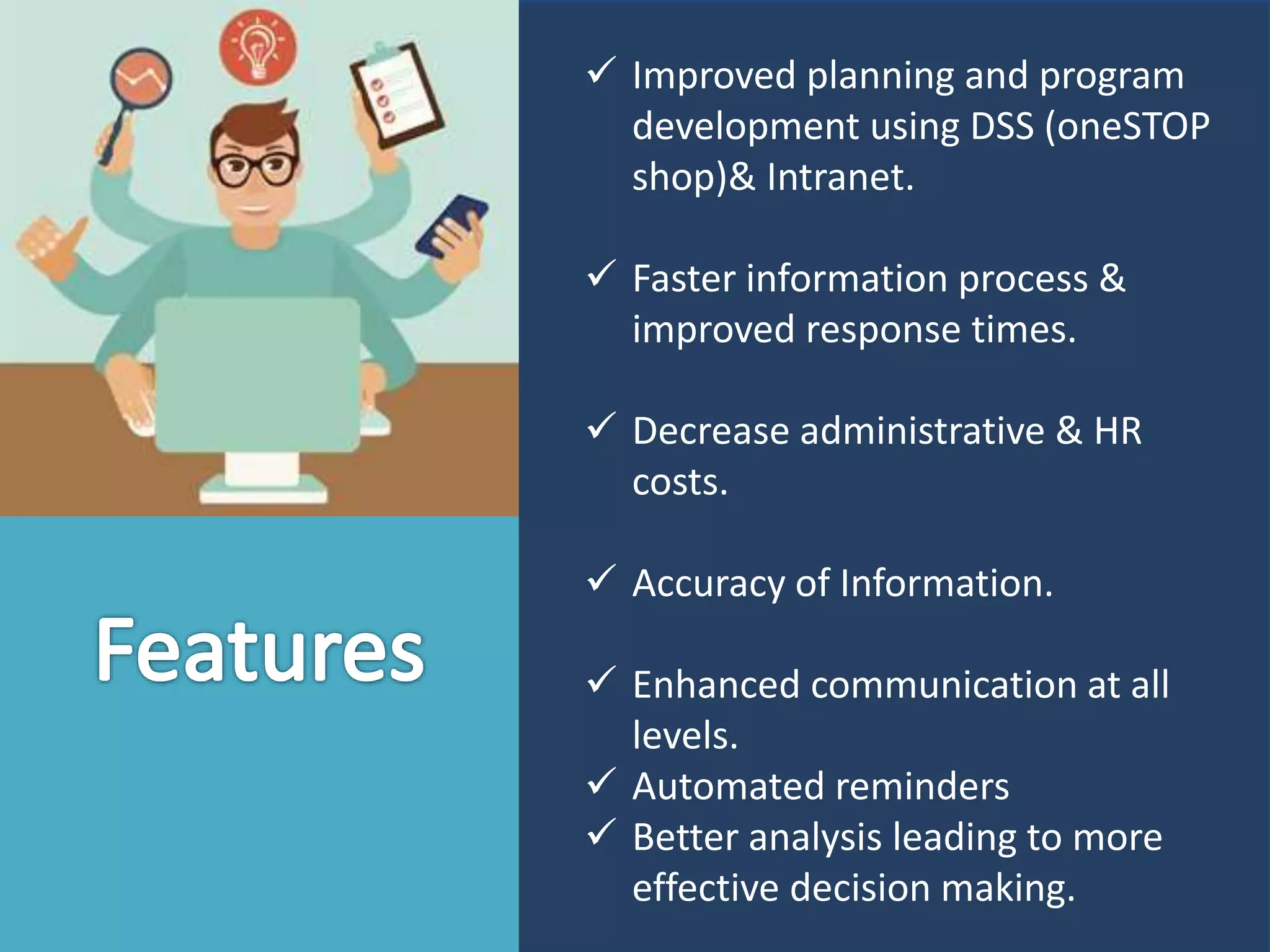 Improved planning and program
development using DSS (oneSTOP
shop)& Intranet.
 Faster information process &
improved response times.
 Decrease administrative & HR
costs.
 Accuracy of Information.
 Enhanced communication at all
levels.
 Automated reminders
 Better analysis leading to more
effective decision making.
 