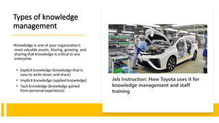 Types of knowledge
management
•Knowledge is one of your organization’s
most valuable assets. Storing, growing, and
sharing that knowledge is critical to any
enterprise.
• Explicit knowledge (knowledge that is
easy to write down and share)
• ‍
Implicit knowledge (applied knowledge)
• Tacit knowledge (knowledge gained
from personal experience)
 