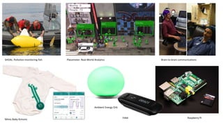SHOAL: Pollution-monitoring fish

Placemeter: Real-World Analytics

Brain-to-brain communications

Ambient Energy Orb

Mimo Baby Kimono

Fitbit

Raspberry Pi

 